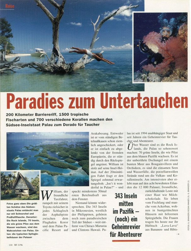 VOGUE MAN - MAGAZINE TEARSHEET - article: S. Voigt, photography: G. Binanzer -  Palau, Micronesia, Pacific Ocean ~ id# aquawoman GB016